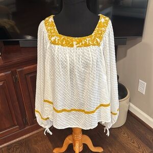 Crown & Ivy mustard and white loose fit blouse